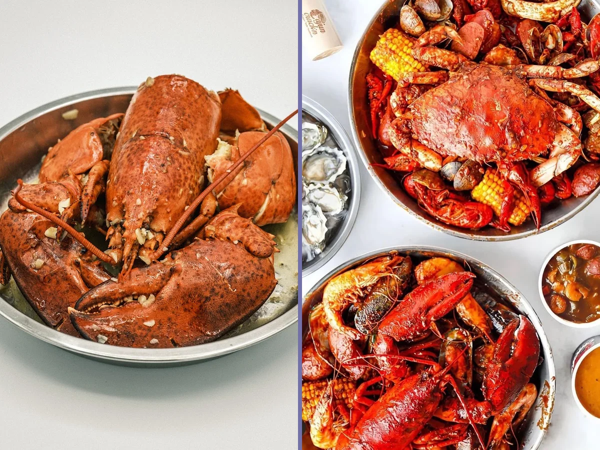 Seafood boils served on a casual dining table.