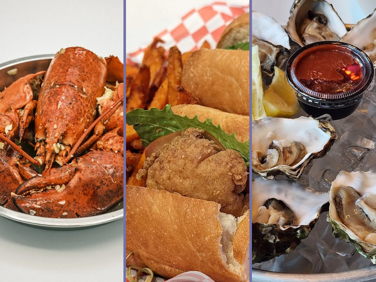 Cajun plates with crab, shrimp, and sides.